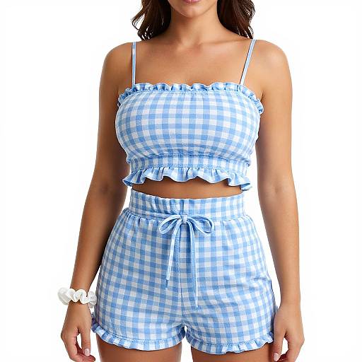 Photograph of a woman with light brown skin wearing blue and white gingham crop top and high-waisted shorts, white scrunchie on wrist