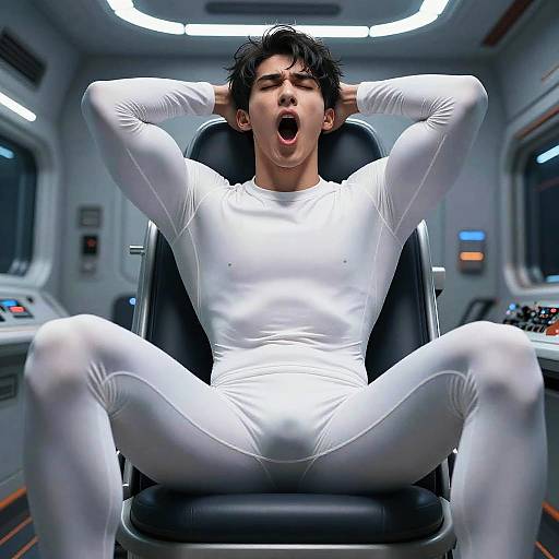 Yawning Young Man in Futuristic Spaceship