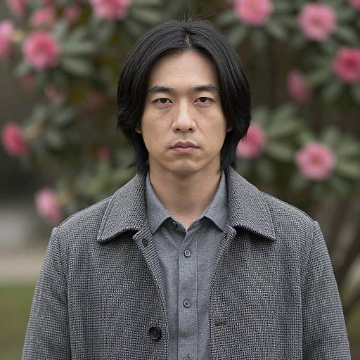 Serious East Asian Man in Gray Coat Outdoors