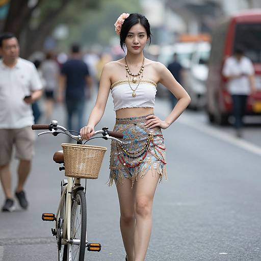 Photograph of an Asian woman with black hair in a pink flower clip, wearing a white strapless top and colorful beaded skirt, standing beside a