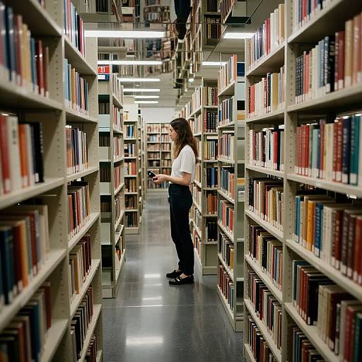 Photograph of a young woman with long brown hair, wearing a white shirt and black pants, browsing books in a brightly lit, narrow library aisle with