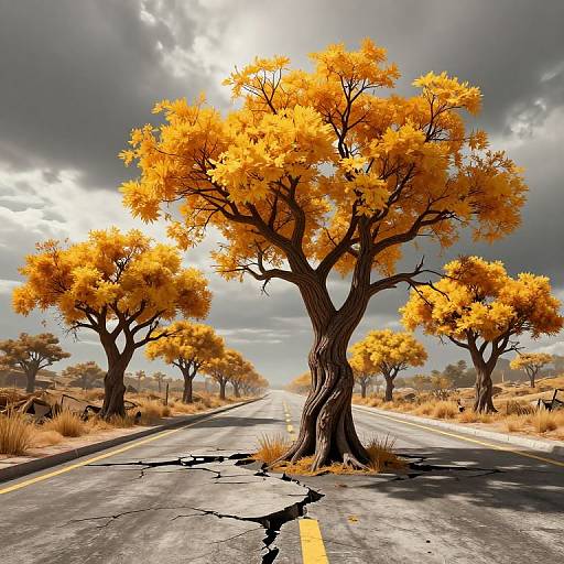 Photograph of a cracked, deserted road flanked by vibrant orange-leaved trees under a dramatic, cloudy sky. Sunlight peeks through clouds,