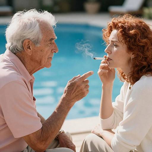 Old Man Gesturing at Smoking Woman by Pool