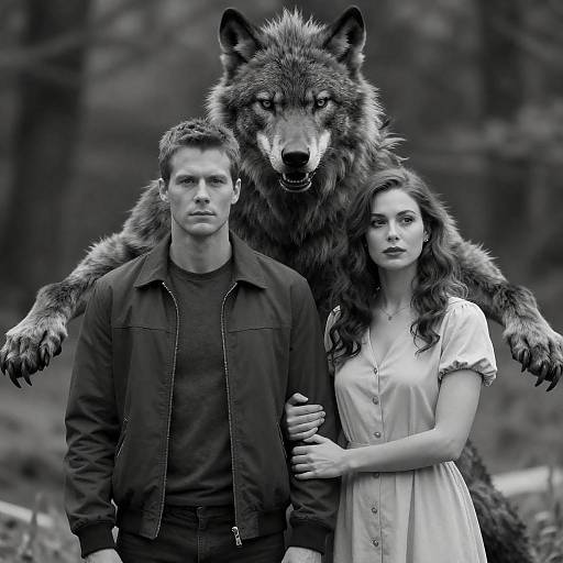 Black-and-White Photo of Couple with Menacing Werewolf