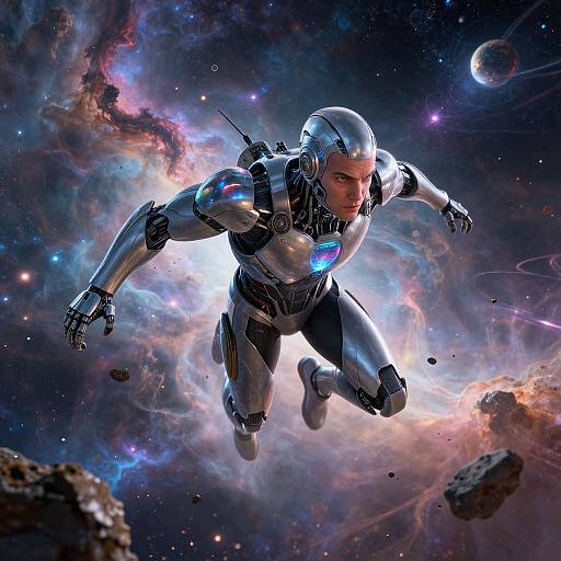 Photorealistic digital art of a muscular, silver armored man with glowing blue chest emblem, jumping through vibrant, colorful space with planets and cosmic clouds.