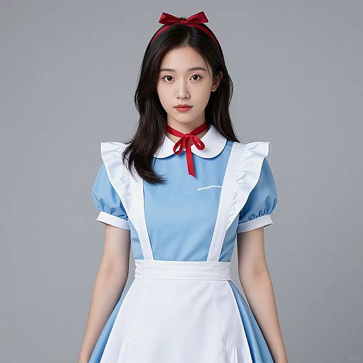Photograph of an Asian woman with fair skin, wearing a blue Alice in Wonderland-style dress with white apron, red ribbon, and red bow in
