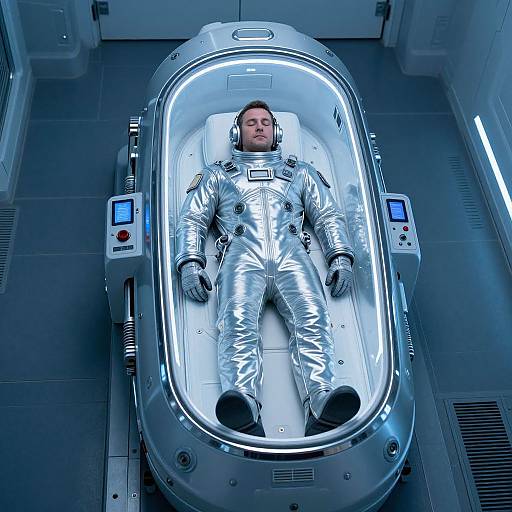 Photograph: A man in a silver spacesuit lies motionless in a futuristic, illuminated cryogenic pod with control panels on either side.