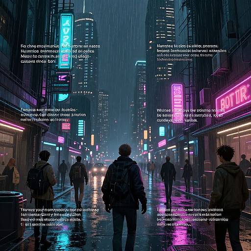 Neon-lit, rainy cyberpunk street scene with glowing signs, wet pedestrians, and blue-purple lighting. Text overlays in multiple languages. Digital artwork