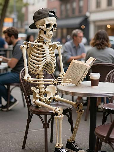 Skeleton Enjoying Coffee in Urban Park