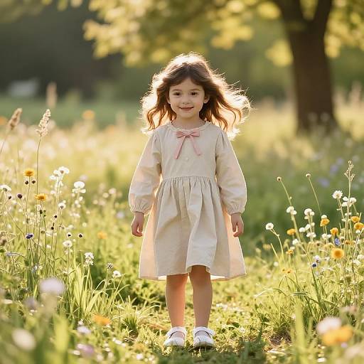 Photograph of a young Asian girl with wavy brown hair, wearing a cream dress with pink bow, standing in a sunlit meadow of wild