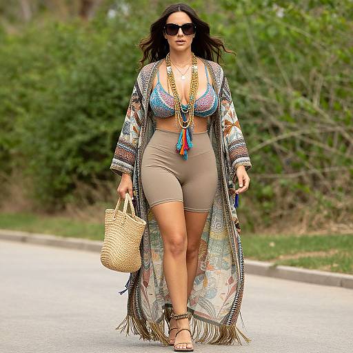Photograph of a confident woman with dark hair, sunglasses, colorful patterned shawl, blue bralette, beige shorts, and sandals, carrying a