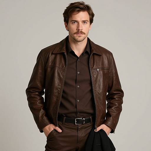 Photograph of a handsome, bearded man with short brown hair, wearing a black leather jacket over a black shirt, hands in pockets, standing against