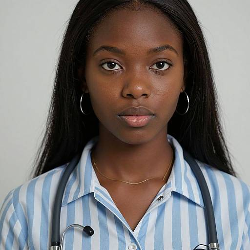 Photograph of a serious young Black woman with long straight hair, wearing a blue and white striped shirt, gold hoop earrings, and a thin gold necklace