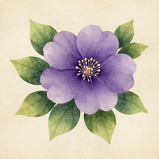 Watercolor illustration of a vibrant purple flower with five petals, yellow stamens, and green leaves on a white background.