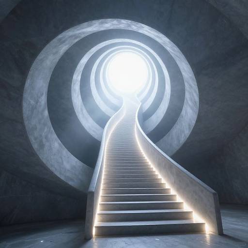 Photorealistic CGI of a illuminated, spiraling concrete staircase leading to a bright, circular, celestial light at the top.