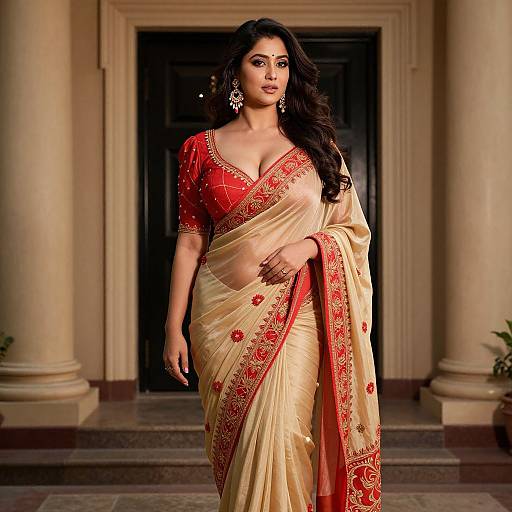 Photograph of a confident Indian woman with long black hair, wearing a red and gold traditional saree, ornate earrings, and intricate jewelry, standing
