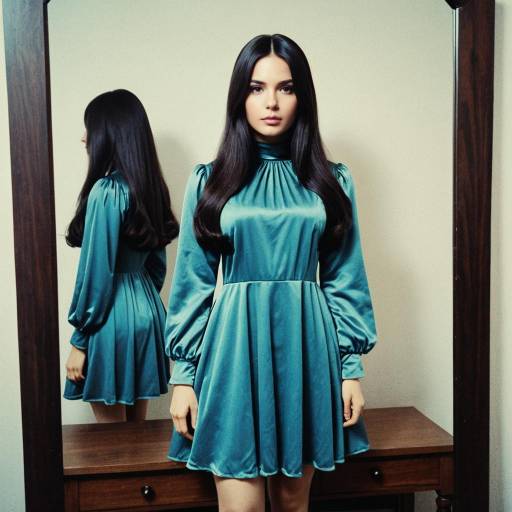 Woman in Vintage 1970s Style Dress in Front of Mirror