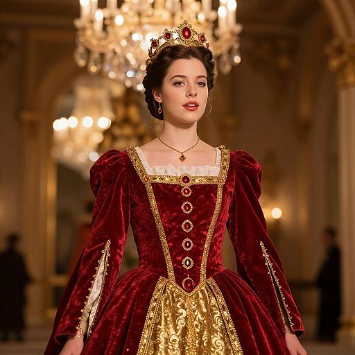 Photograph of a fair-skinned woman with dark hair in a red velvet and gold medieval-style gown, wearing a jeweled crown, standing in an