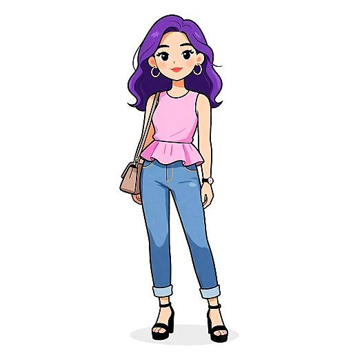 Digital drawing of a cute woman with purple hair, wearing a pink sleeveless top, blue jeans, black heels, hoop earrings, and a beige shoulder