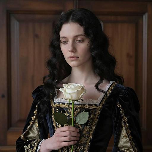 Photograph of a pale, young woman with long, curly black hair in an ornate black and gold Renaissance dress, holding a white rose, standing