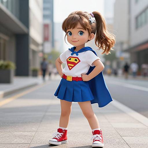 Photograph of a cute toddler girl with big blue eyes, brown ponytail, wearing a Superman outfit, blue cape, red sneakers, standing confidently on