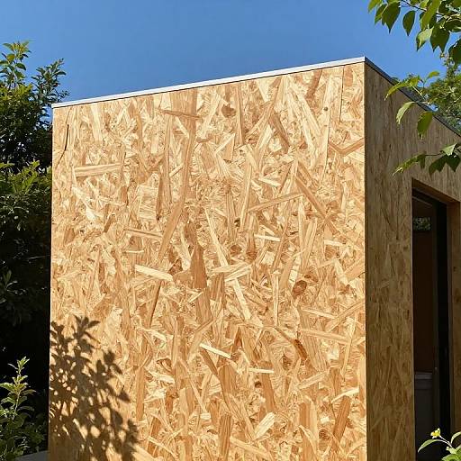 Photograph of a modern wooden structure with a textured, honeycomb-patterned facade, set against a clear blue sky and green foliage.