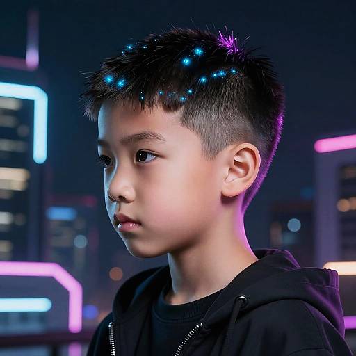 Futuristic Boy with Glowing Bowl Haircut