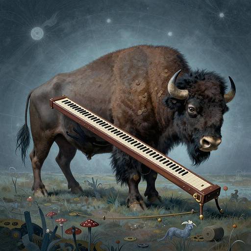 Digital artwork: A large, dark brown bison with black horns stands on a grassy field, holding a black-and-white keyboard diagonally across its