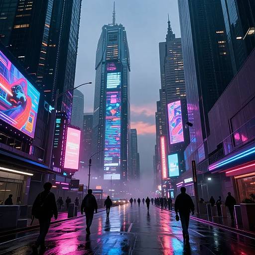 Photograph of a rainy, neon-lit city street at dusk, featuring silhouetted pedestrians, towering skyscrapers with vibrant digital billboards
