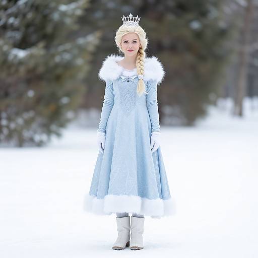 Photograph of a blonde woman in a light blue winter dress with white fur trim, white gloves, and crown, standing in a snowy forest.