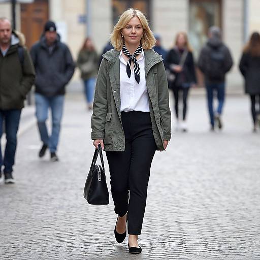 Blonde Woman Walking on Cobblestone Street