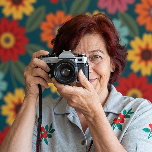 Middle-aged woman with vintage camera