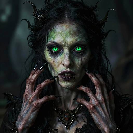 Grotesque Witch with Luminous Green Eyes