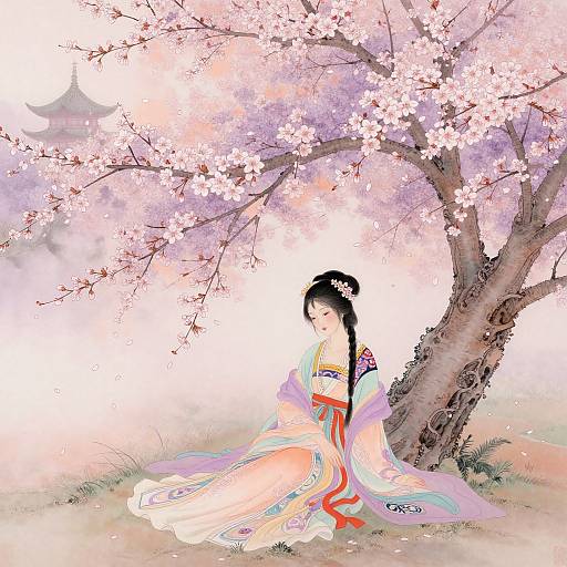 Digital painting of a serene Japanese woman in a colorful kimono, sitting under a blooming cherry blossom tree with soft pink petals.