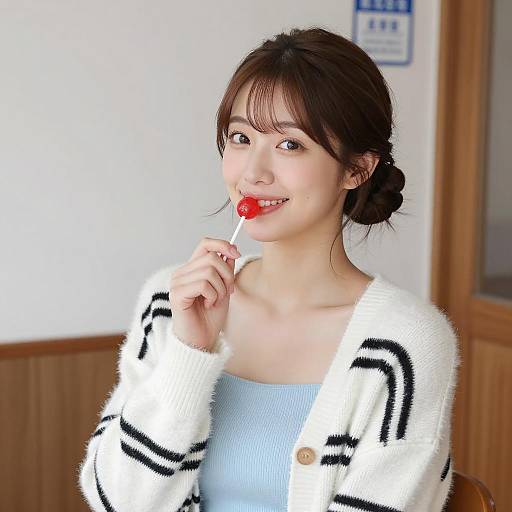 Smiling Japanese Woman with Lollipop