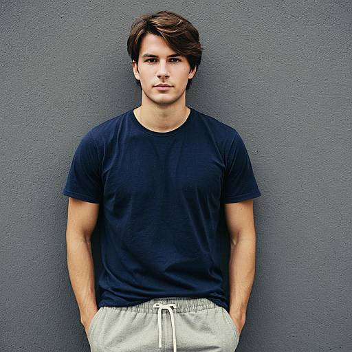 Young Man in Navy T-Shirt Against Gray Wall