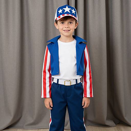 Photograph of a young boy with light skin wearing a patriotic outfit: blue vest, red-white-striped sleeves, white shirt, navy pants, white belt