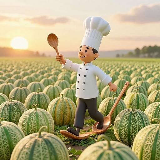 Cartoon chef with white hat, black pants, and white double-breasted shirt, holding spoon, walking on watermelon field, holding guitar, sunset