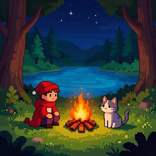 Pixel art of a child in a red hood and cape, sitting by a campfire with a white cat, by a lake at night.