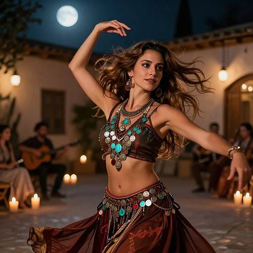 Photograph of a brown-eyed, long-haired woman in mid-dance, wearing a sparkly belly dance outfit with turquoise and silver accessories, under a