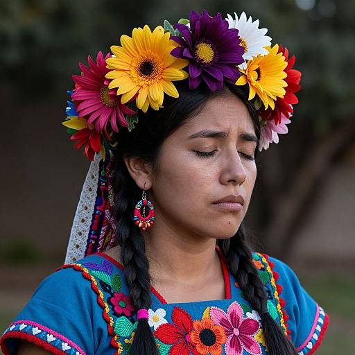 Photograph of a young Indigenous woman with closed eyes, wearing a vibrant flower crown, braided hair, colorful traditional dress, and detailed earrings, set
