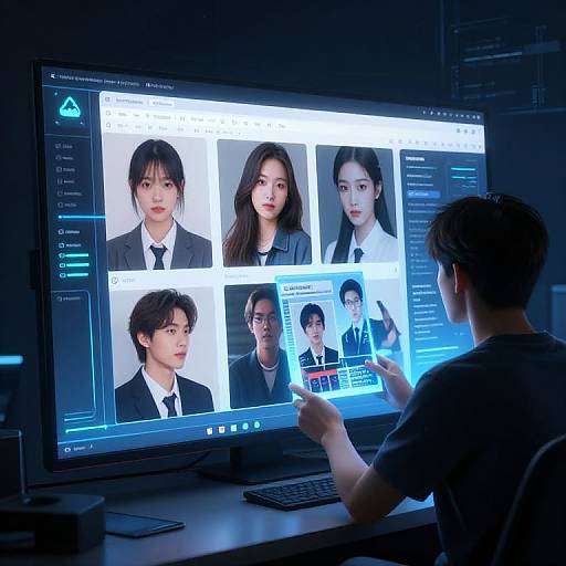 Photograph of an Asian man with short black hair, seated at a desk, using a computer displaying profiles of six Asian individuals, both men and women