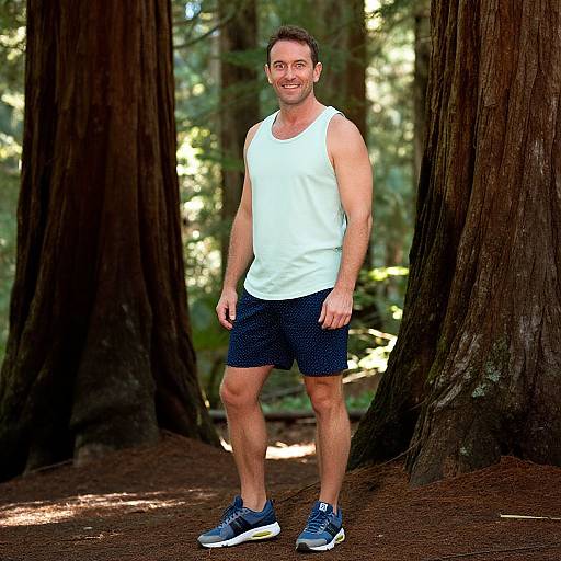 Man in Pastel Green Among Redwoods