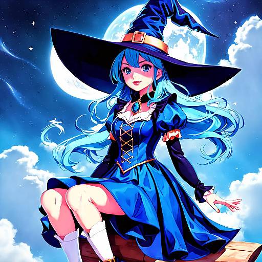 Digital anime-style drawing of a blue-haired witch with a large hat, blue dress, and white socks, sitting against a full moon and starry night