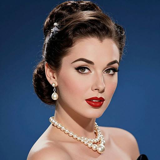 Photograph of a fair-skinned woman with dark hair in an elegant updo, wearing red lipstick, pearl necklace, and earrings, against a blue