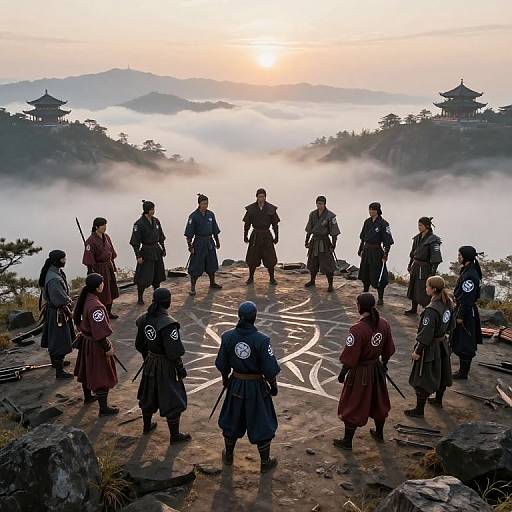 Photograph of 12 samurai warriors in traditional armor, standing in a circle on a misty mountain ledge at sunrise, overlooking a serene valley with