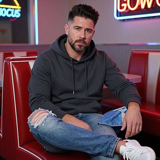 Photograph of a bearded, muscular man with short, spiked dark hair, wearing a black hoodie and ripped jeans, sitting in a neon-lit