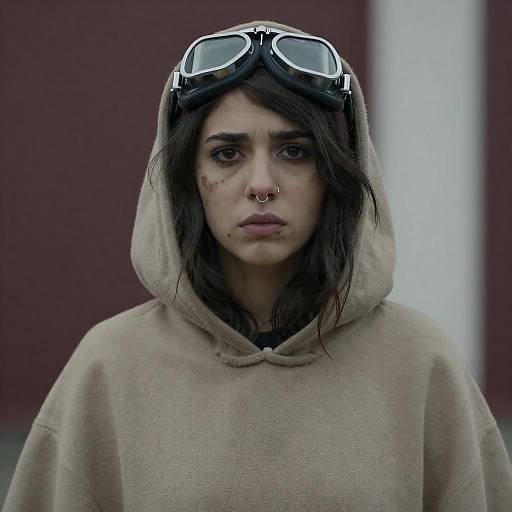 Young Woman in Beige Cloak and Goggles