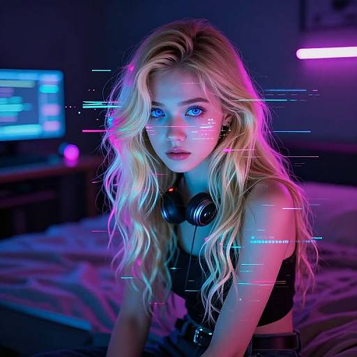 Digital photograph of a blonde woman with wavy hair, blue eyes, and black headphones, bathed in neon pink and blue light, sitting in a