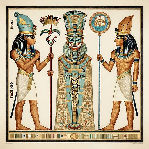 Ancient Egyptian illustration: Three pharaohs, adorned in colorful headdresses and white loincloths, holding staffs and a circular symbol,